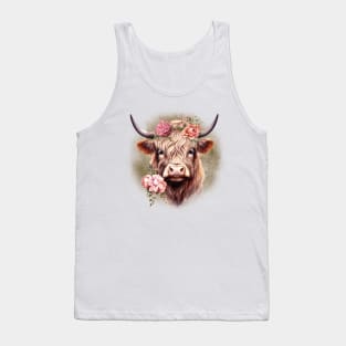 Highland Cow with Pink Flowers Tank Top